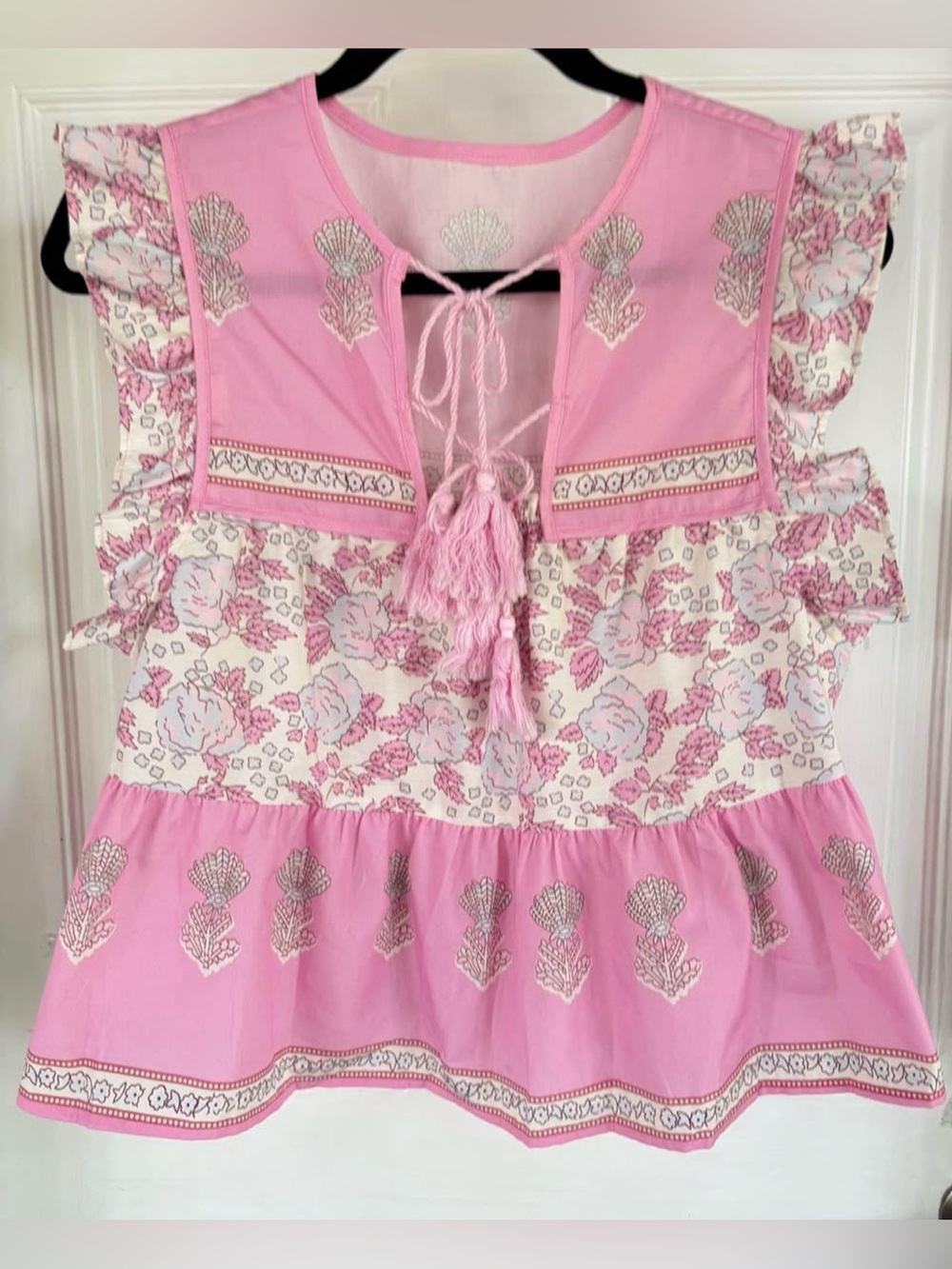 Pink Floral Boho Ruffle Sleeve Peplum Top Size M